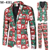 Funny Christmas Men 3 Piece Sets Blazer Jackets + Vest + Pants Party Stage Wear Cartoon Printed Suits Coats Waistcoat Trousers