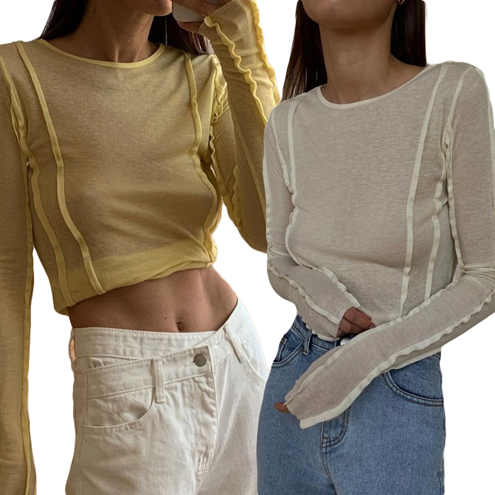 

Футболка женская однотонная с длинным рукавом, пуловер с круглым вырезом, повседневный топ свободного кроя с соединением, с шов