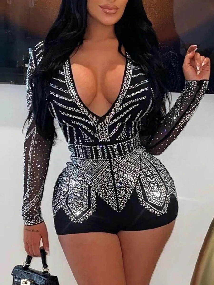 

Hot Diamond Mesh Sexy Perspective Deep V-neck Long Sleeve Slim Fit One Piece Shorts Fashion Elegant Temperament Women's Jumpsuit