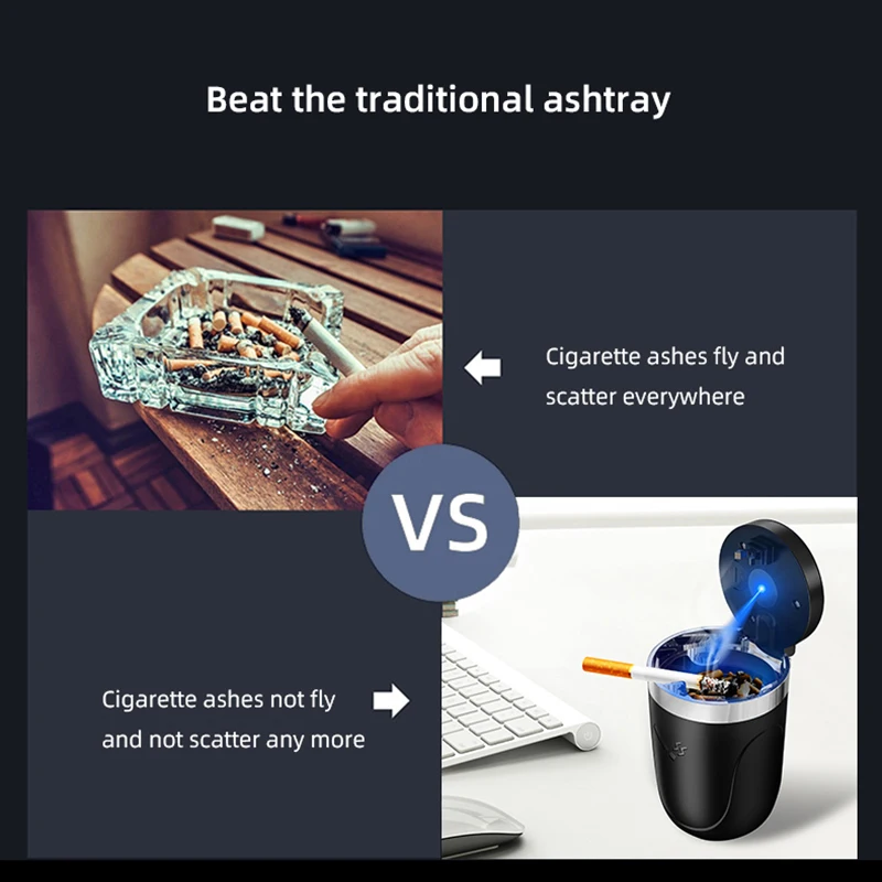 Portable Car Ashtray with LED Light Stainless Steel for Cigarettes