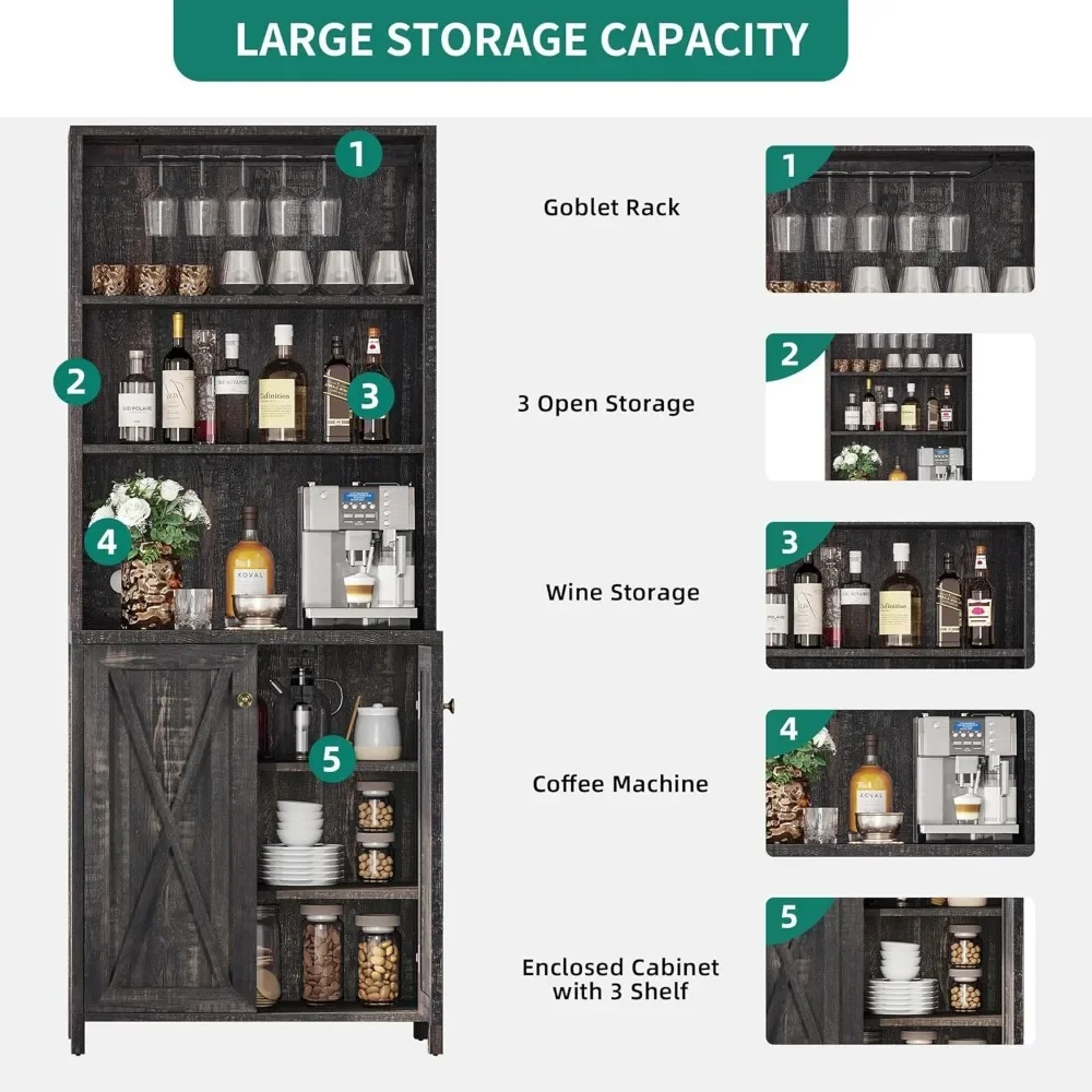 Wine Cabinet, 67" Tall Kitchen Storage Cabinet with Wine Rack, Open Storage Rack, Farmhouse Kitchen Cabinet with Wooden