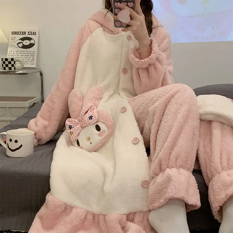 

Новая плюшевая ночная рубашка Sanrio Melody с длинными ушками кролика, зимнее плотное флисовое пальто кораллового цвета, ночная рубашка, домашняя одежда