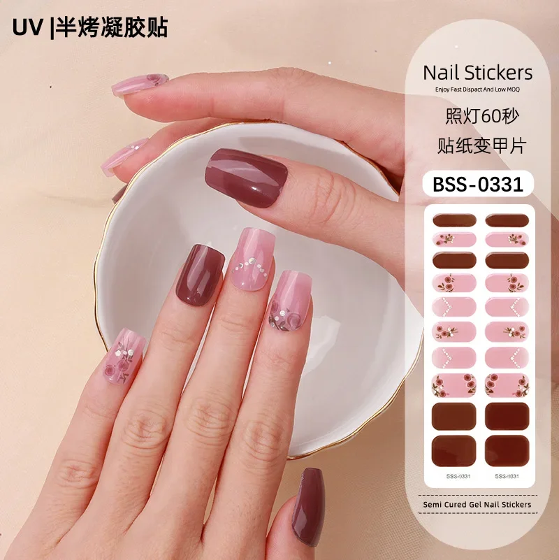 20Tips Lamp Hardening Gel Nail Sticker French Scallion Powder Imitation Drill UV Half Roasted Nail Products Decorations
