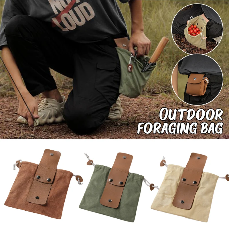 

1pc Portable Outdoor Waist Bag Foraging Fruit Picking Storage Pouch Foldable Leather Drawstring Canvas Bag for Hiking Camping