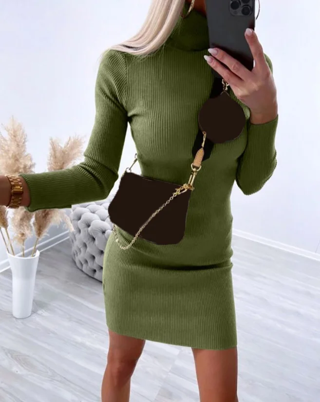 

Short Skirt New Women's Hot Selling Fashion High Neck Long Sleeve Knitted Sweater Dress In 2023