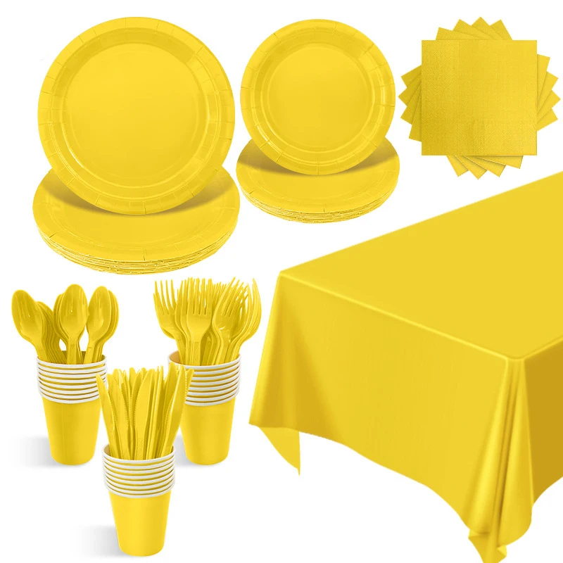 Solid Yellow Birthday Party Decorations For Girls Disposable Tableware Paper Material Cups Napkins Plates Fork Spoon Tablecloth