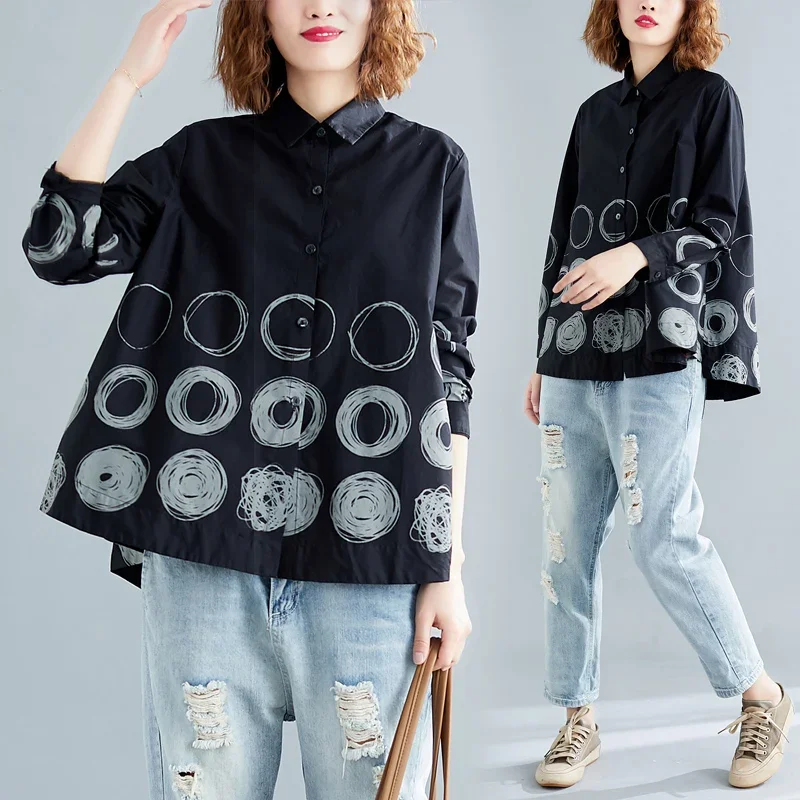 Wearing a new Korean loose oversized artistic casual circle printed doll shirt shirt T-shirt for women  plus size women clothing