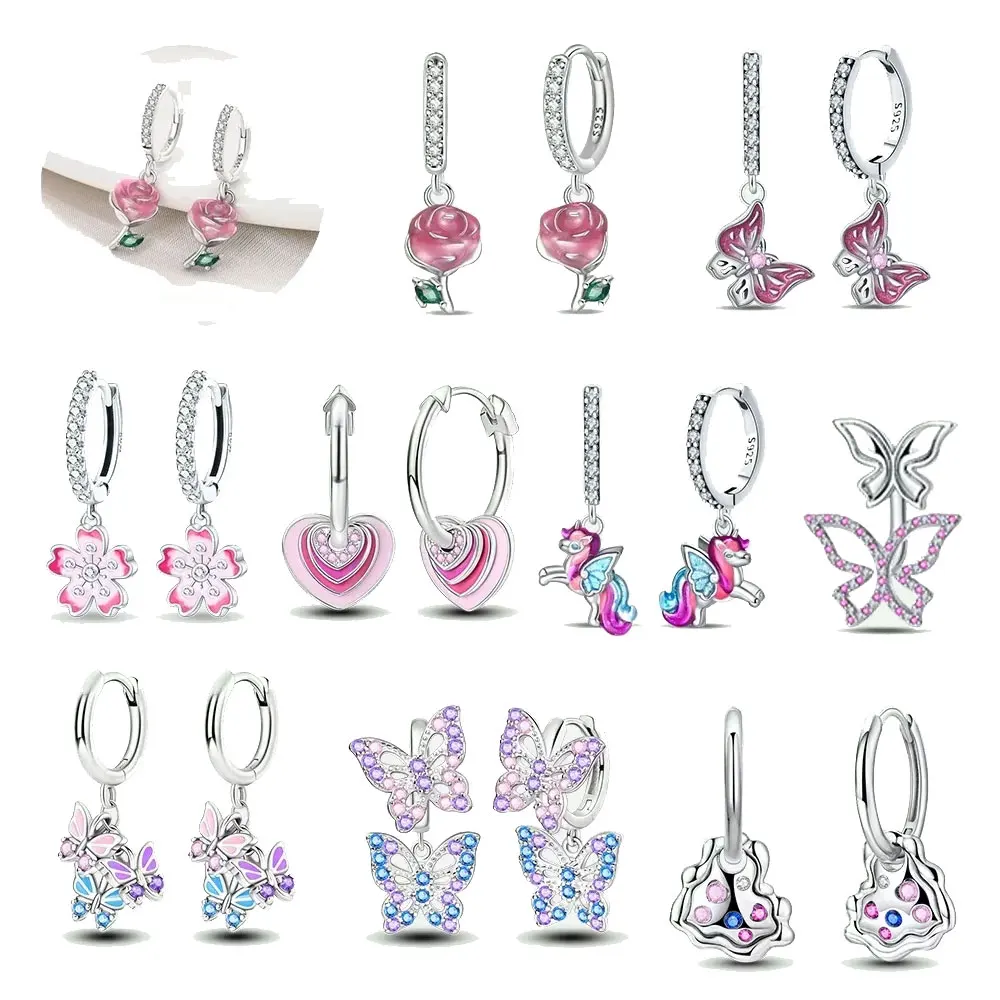 925 Sterling Silver Pink Series Romantic Flower Butterfly Unicorn Tulip Geometry Earrings Boutique Jewelry Gifts