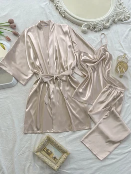 طقم بيجامات نسائية مكون من 3 قطع برقبة على شكل حرف V بلون سادة وبيجامة رسن من البوليستر طقم بيجامات نسائية 3