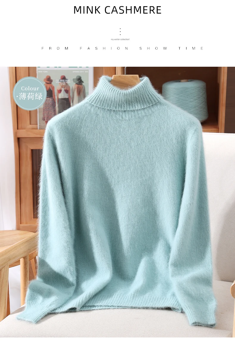 Damen-Pullover mit hohem Kragen, 100 % Nerz-Kaschmir, Herbst/Winter, lange Ärmel, Strickpullover, lockere Unterseite, modisches Basic-Oberteil, 23 Farben – Detail 39