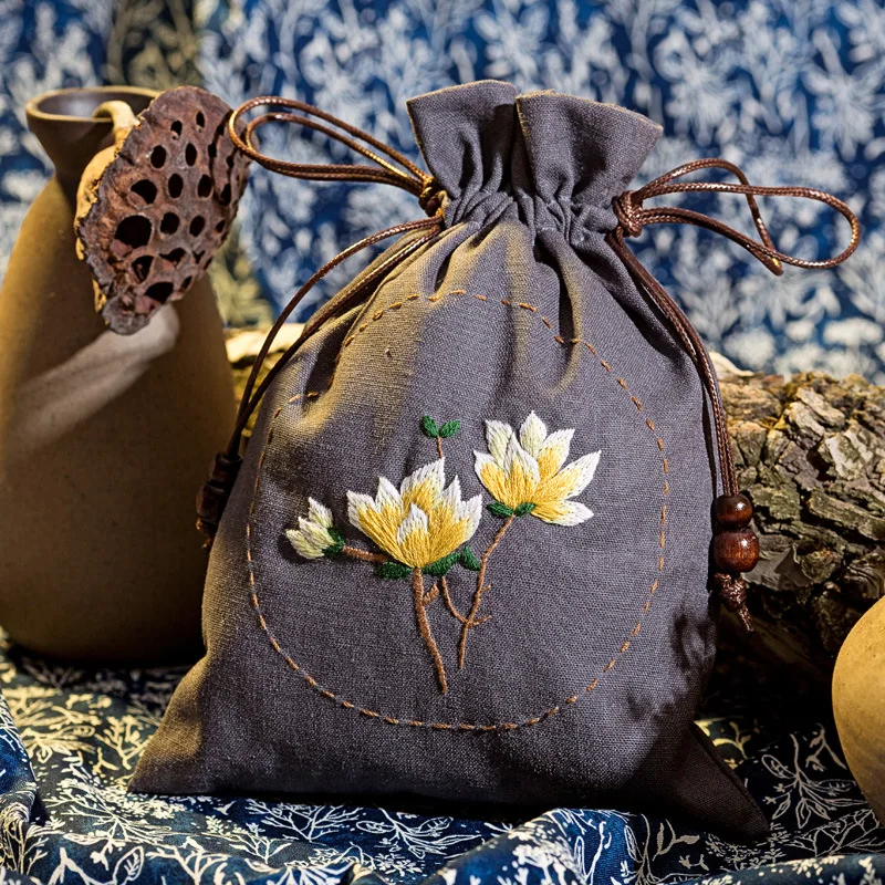 Embroidery Drawstring Bag Kits with Patterns, Needlepoint Sewing Handbag Kit for Beginners, Embroidery Start Kit