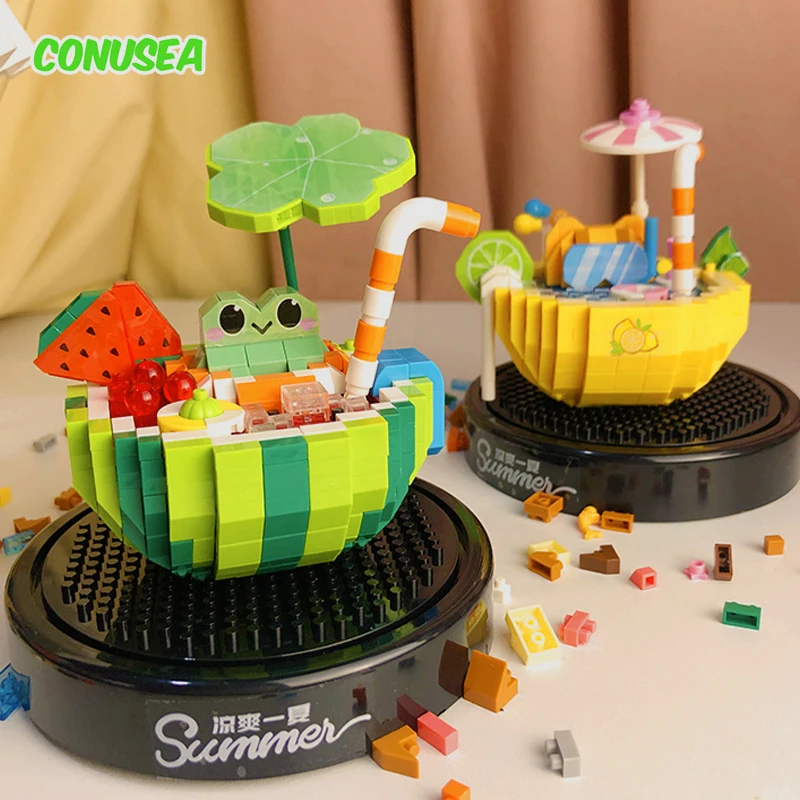 

Micro Block Summer Building Blocks Set Funny Watermelon Assembled Peach Model Coconut Beach Mini Brick Figure Toy for Kid Gifts