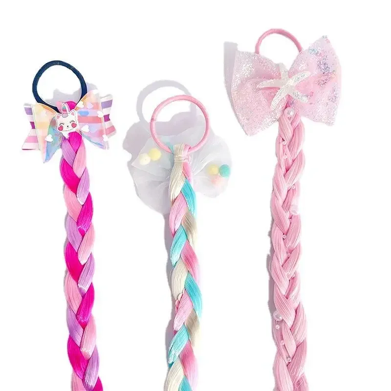 Kids Girl Unicorn Cute Wigs Ponytail Candy Color Cartoon  Butterfly Bow Ponytail Hair Styling Rubber Bands Headwear Braid 5