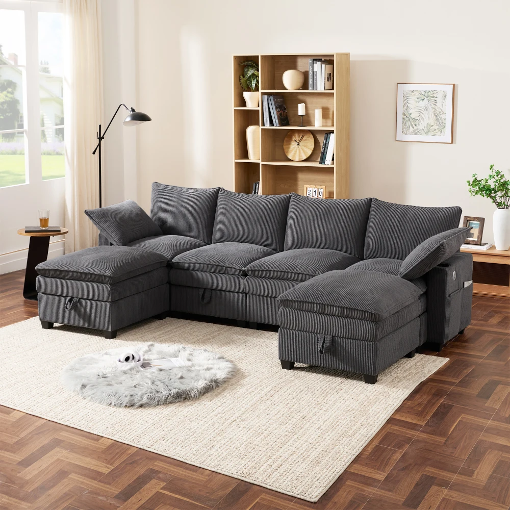 Modernes L-förmiges Sofa mit Kabelbefestigung, abnehmbarem Fußhocker, USB-Anschlüssen, Ablagefächern und Getränkehaltern, modulares Sofa – Detail 28