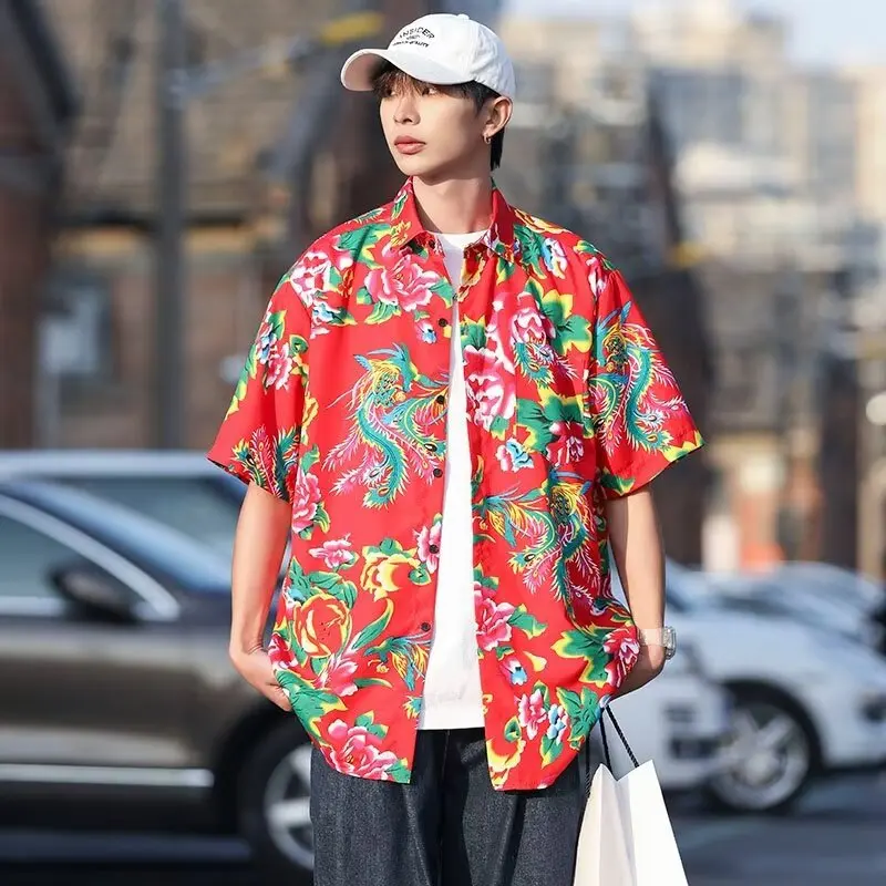 Summer Men's Short Sleeve Casual Versatile Floral Shirt Coat Oversized Loose Fitting Handsome Fashion China-chic Printed Shirt