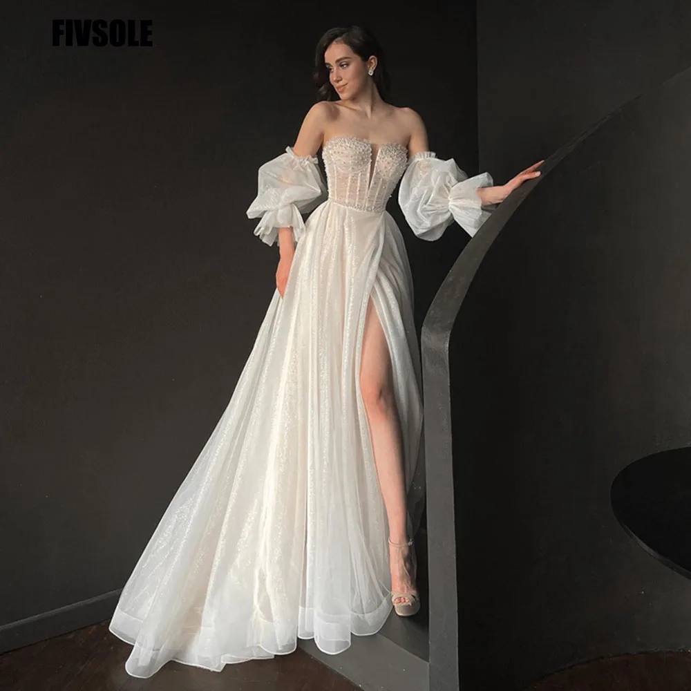 

Fivsole Elegant Wedding Dress A-line Shiny Tulle Strapless Bride Gowns Sexy High Leg Slit Pearls Vestidos De Novia Bridal Dress