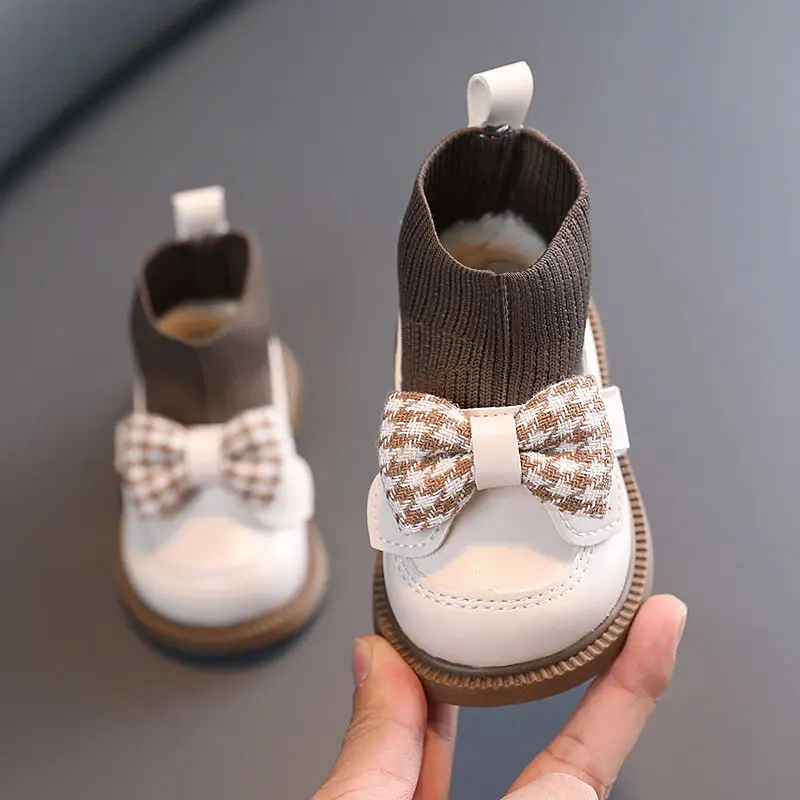 Infant Girl\'s Sock Boots Children Casual Knitted Short Boot  Winter Chunky Bow Elegant Cute Toddler Girl Patent Leather Shoes