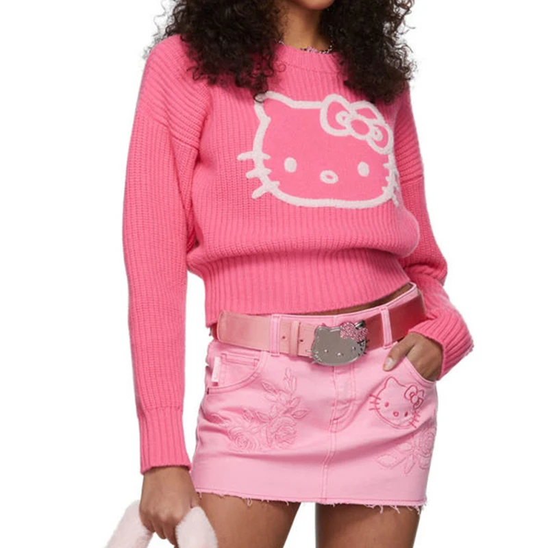 

Sanrios Hello Kittys Sweater Y2K Girl Autumn Winter Anime Kawaii Cartoon Short Style Slim Fit Shirt Long Sleeves Pullover Hot Kt