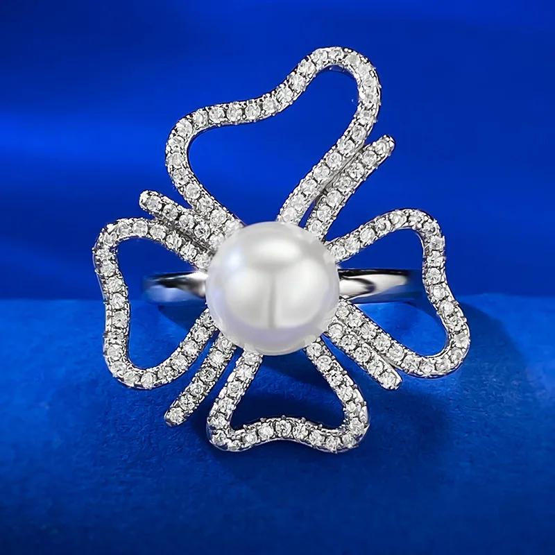 

S925 Silver Bow Ring Pearl 8mm Elegant Texture Women's Ring Silver Wholesale