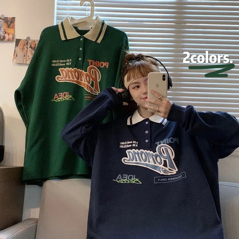 

Vintage Polo Collar Oversized Hoodies Women Korean 2022 Autumn Letter Print Sweatshirt Harajuku Bear Tops Long Sleeve Plus Size