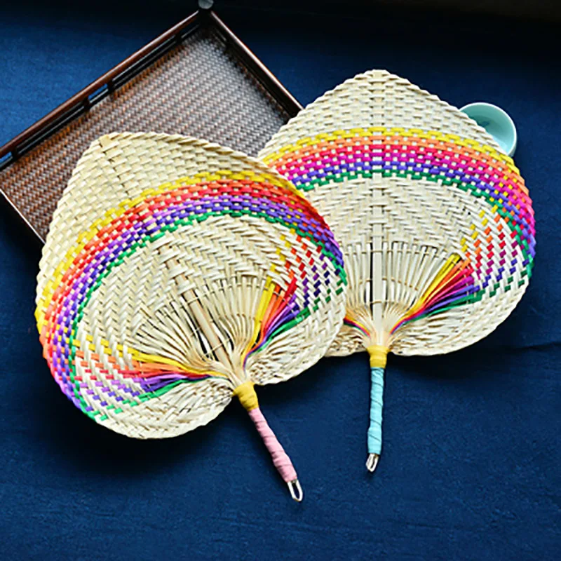 Colorful Summer Cooling Fan, Handmade Straw Fan, Peach Shaped Bamboo Hand Fan, Woven Cooling Fan for Teahcourse, Home Decorati