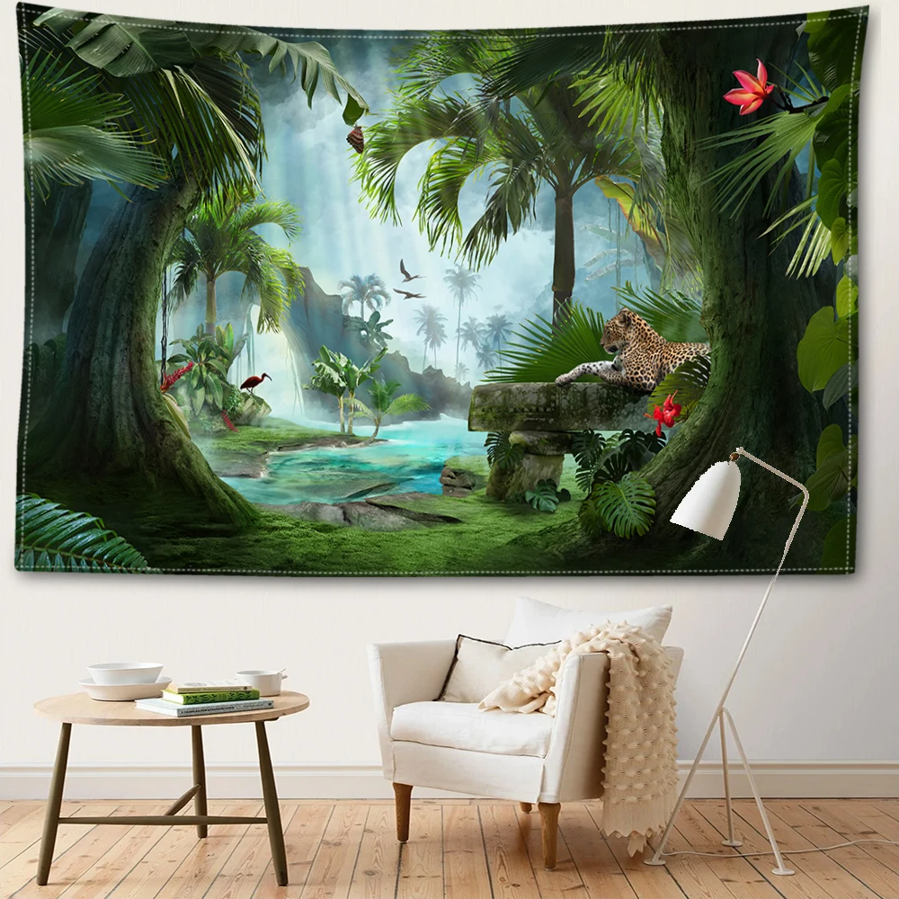 Leopard Tropical Rainforest Tapestry Wall Hanging Bohemian Mystical Witchcraft Natural Scenery Bedroom Living Room Home Decor