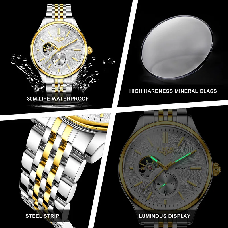 LIGE Automatic Watch For Men Fashion Stainless Steel Waterproof Luminous Watch Men Casual Sports Men's Mechanical Wristwatches