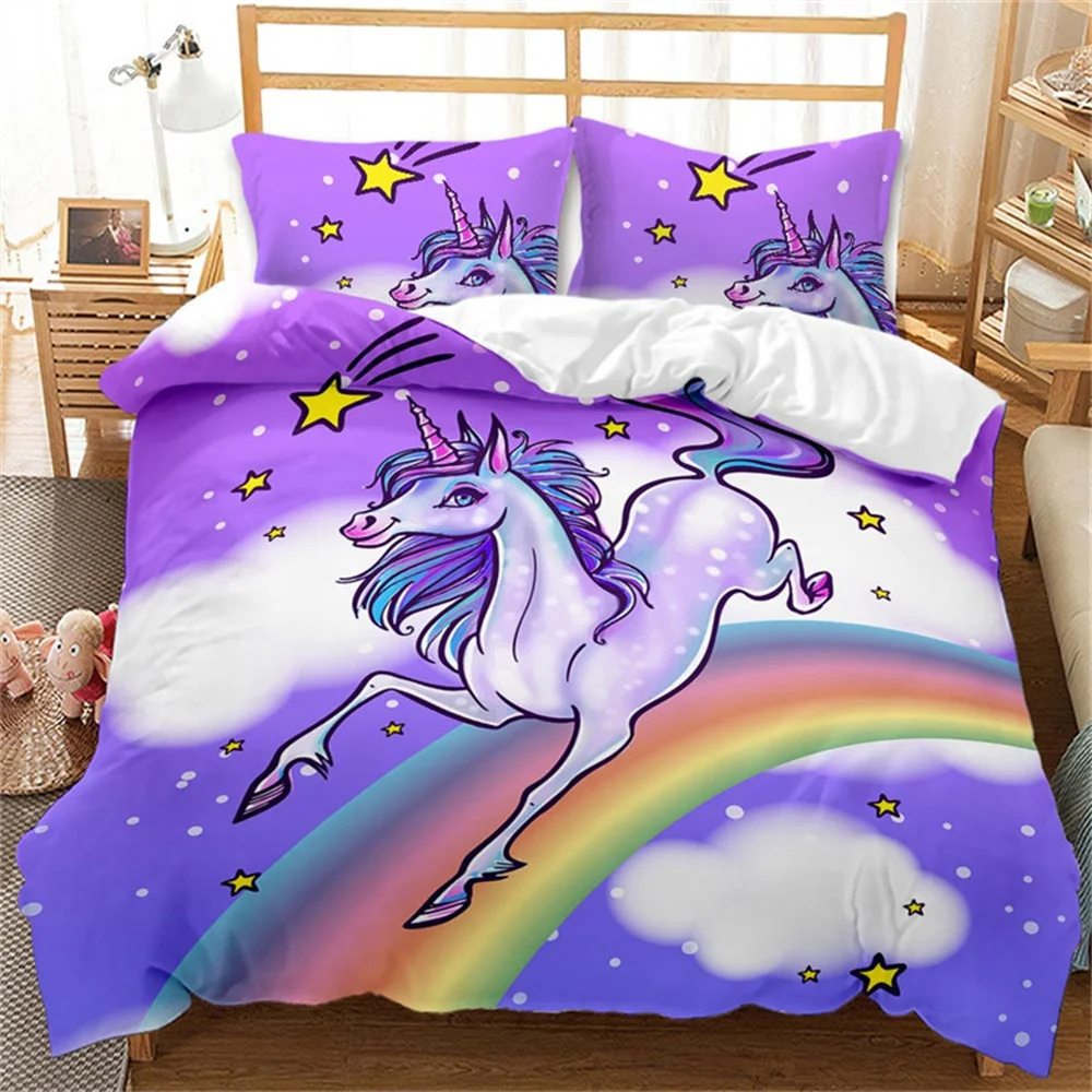 

Colorful Luminous Unicorn Print Bedding Set 3D Cartoon Animal Pattern Duvet Cover Bedroom Decor With Pillowcases For Girls Gift