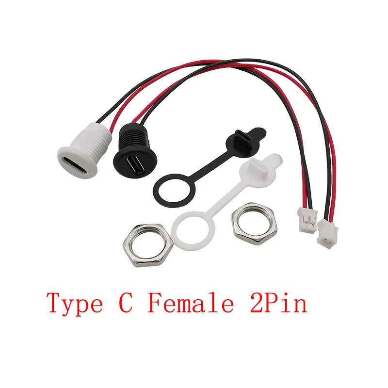 1ชิ้น USB Type C ตัวเมีย2ขาต่อ JST PH 2.0มม. ขั้วต่อสายไฟแบบปลั๊ก2Pin ชนิด C ซ็อกเก็ตชาร์จแผงน๊อตพร้อมฝาปิด 1