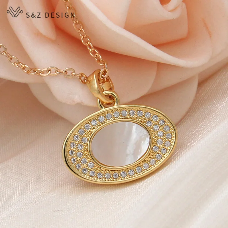 S&Z DESIGN New Fashion Gold Color Egg Shape Oval Shell Pendant Necklace For Women  Wedding Party Cubic Zirconia Jewelry Gift