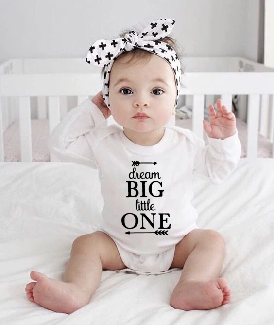 

Infant Baby Clothing Dream Big Little One Print Newborn Unisex Romper Toddler Funny Long Sleeve Fashion Playsuit Outfit