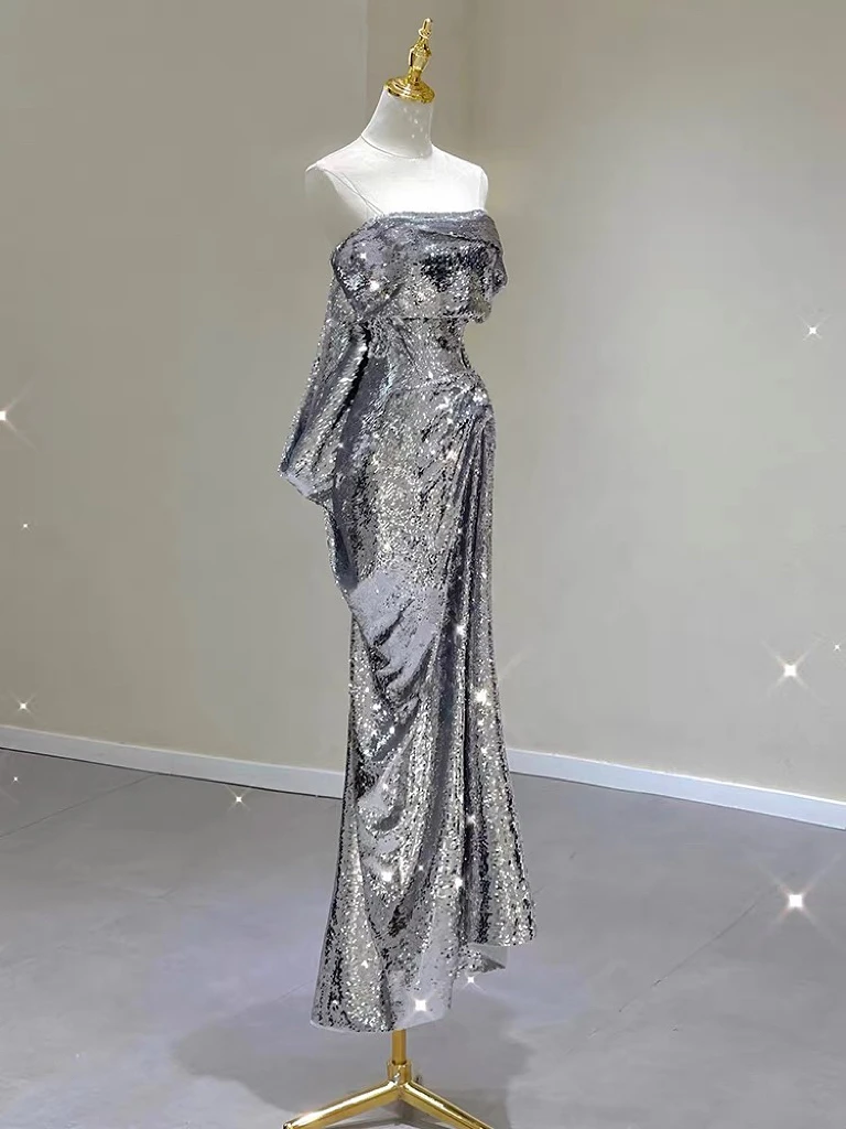 Silver Shiny Cocktail Dresses Strapless Ruched Sleeveless Mermaid Sequins Light Luxury Red Carpet Woman Evening Prom Party Gowns