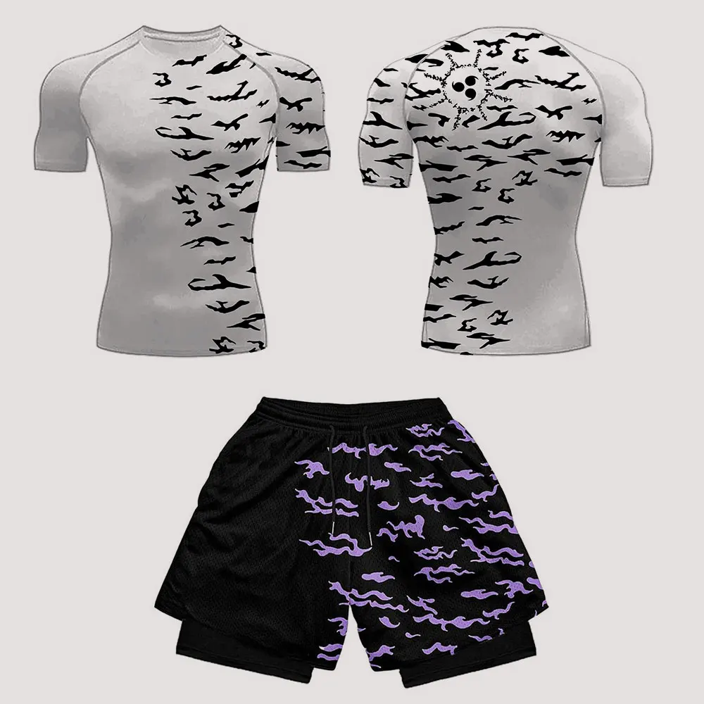 Anime Compression Set Running Fitness Suit for Men Quick Dry Compression Shirt + Gym Shorts 2PCS Summer Workout Sportwear sports suit