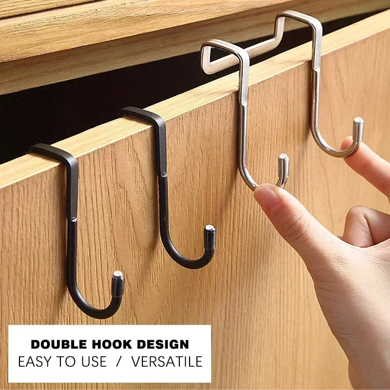 Storage Hook Door Hook 304 Stainless Steel Hook Free Punching Double S-Shape Hook Kitchen Bathroom Cabinet Door Back Type Coat Towel Storage Hanger