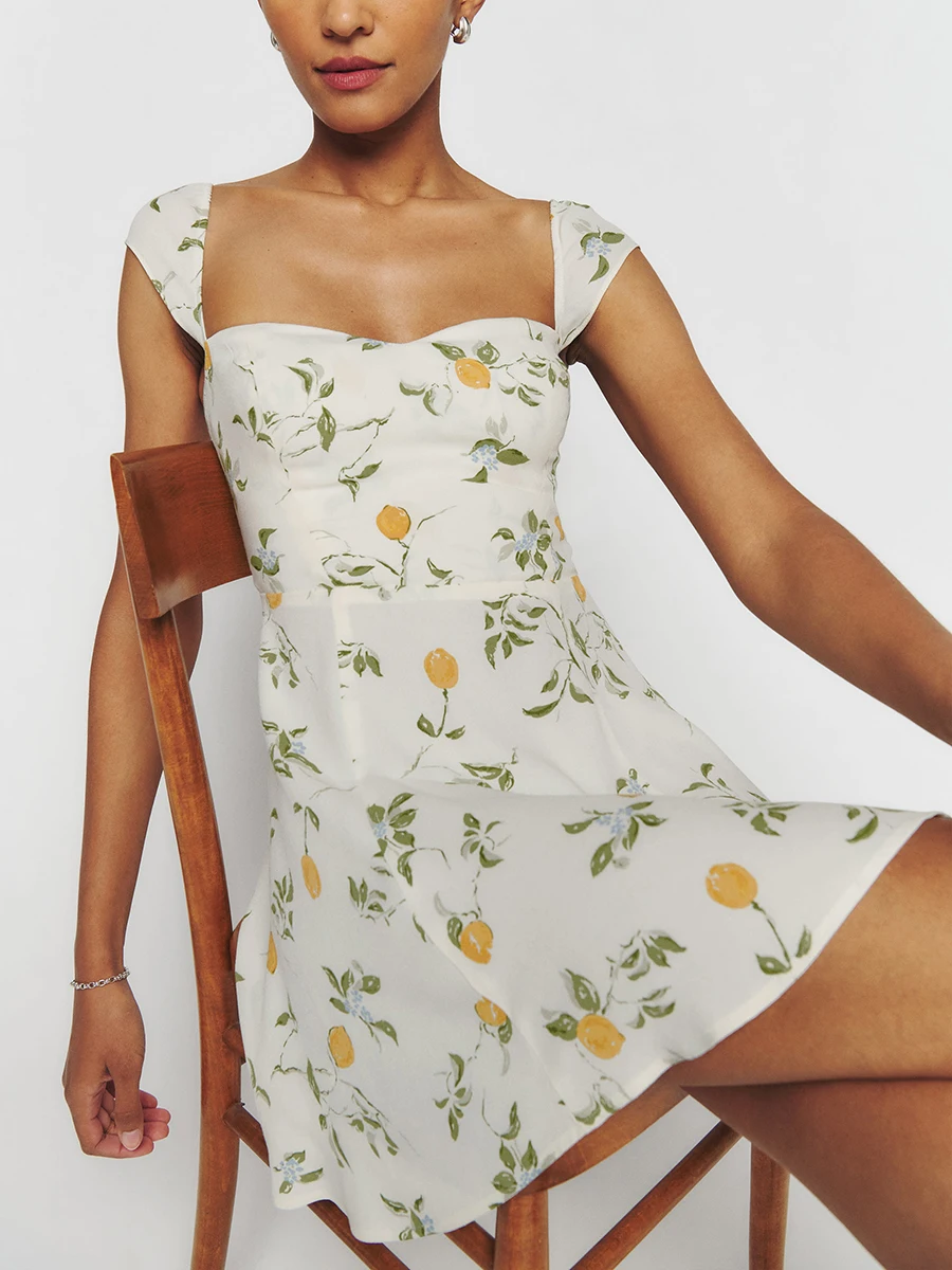 

Women Low Cut Floral Mini Dress Cap Sleeve Bodycon Slip A-Line Cami Vintag Dress for Summer Cocktail Party (Beige M)