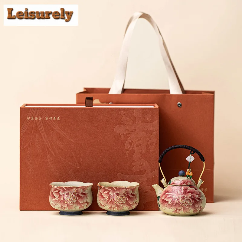 Kiln Fambe Firestone Red Lifting Handle Tea Set Complete Set Retro Tea Ceremony Set Teapot And Tea Cup Set Teaware Decoration