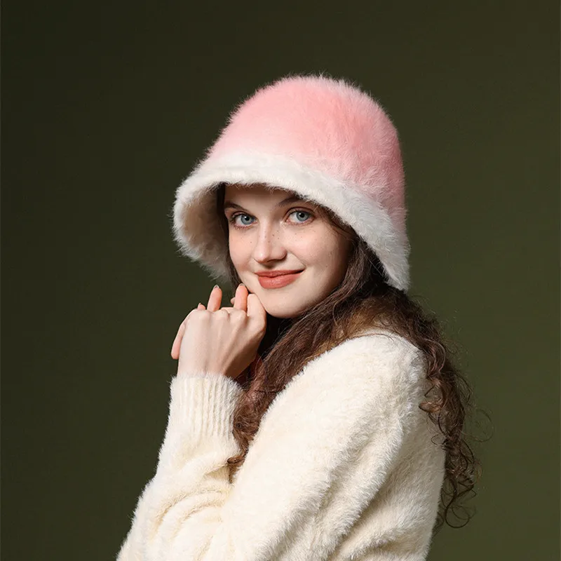 

Korean Gradual Change of Color Rabbit Hair Basin Caps Show Face Small Autumn and Winter Outdoor Warm Fashion Bucket Hats Women