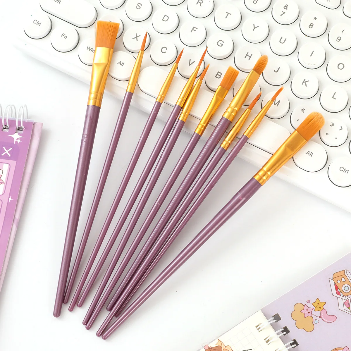 10Pcs/Lot Multi-functional Watercolor Brush Pearlescent Plastic Rod Nylon Hair Hook Line Gouache Oil Brush School Art Supplies 4