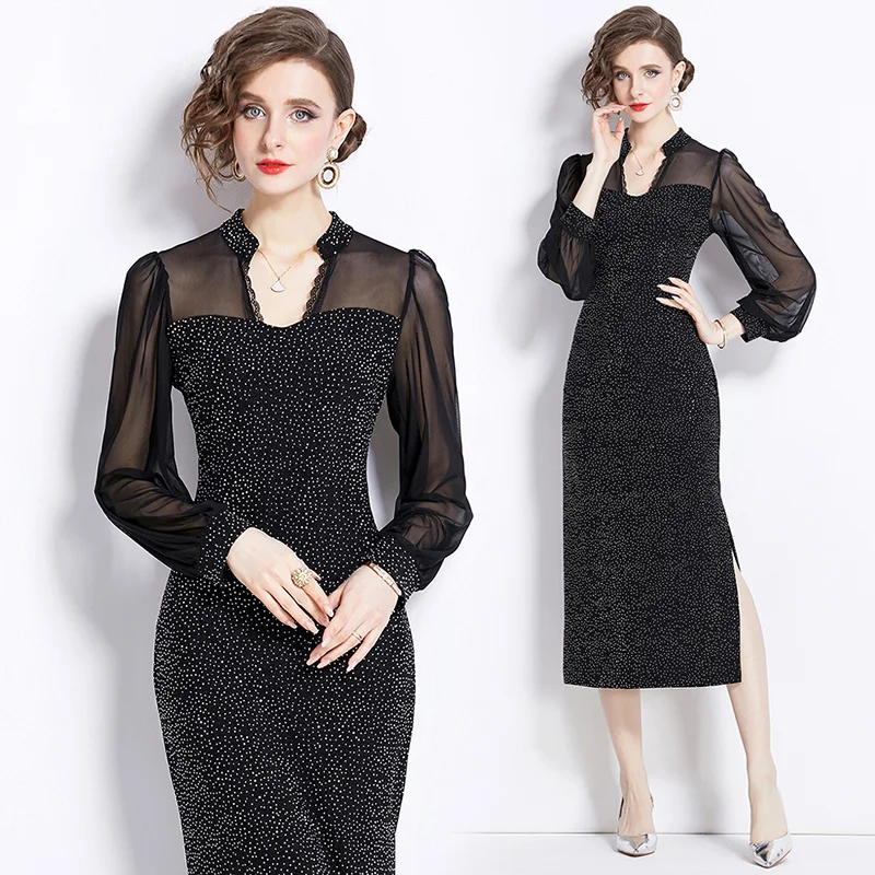 

Spring/Summer French High end Heppen Style Hot Diamond V-Neck Mesh Bubble Sleeve Panel Slim Fit Sexy A-line Dress For Wonen