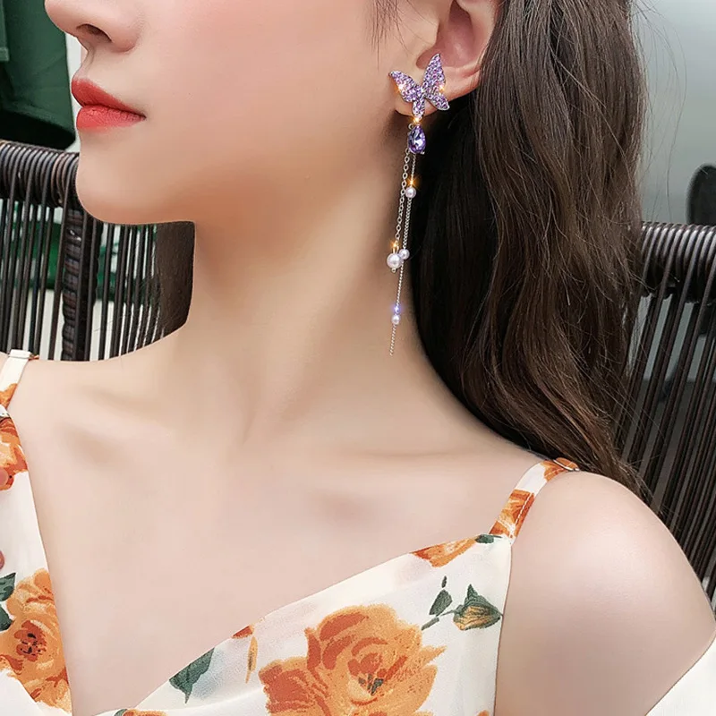 S9cd4af94fc304a88865a13251c7bae6cg 925 Silver Needle Korean Purple Crystal Butterfly Earrings For Women Jewelry Trending Luxury Long Pearl Tassel Earrings Mallzona