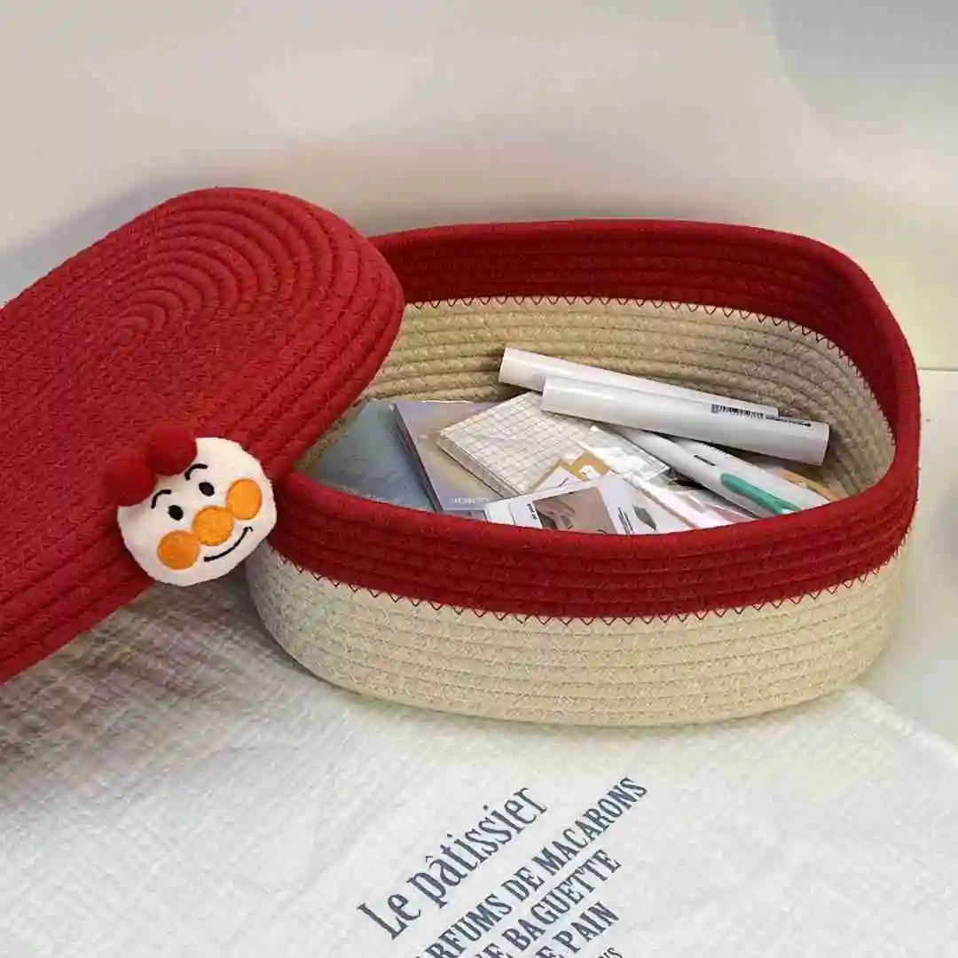 Japanese Storage Basket with Lid     Crafts Cotton Thread Weaving Desk Organizers Makeup Sundries Boxes Red cream-beige Anpanman Baskets