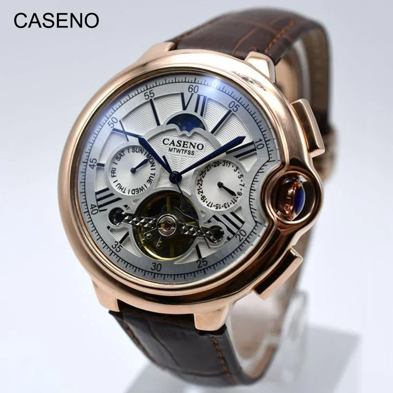 

Tourbillon Mens Watch Top Brand Luxury Belt Watch Men Automatic Mechanical Wristwatch Skeleton Sport Male Clocks relogio CASENO