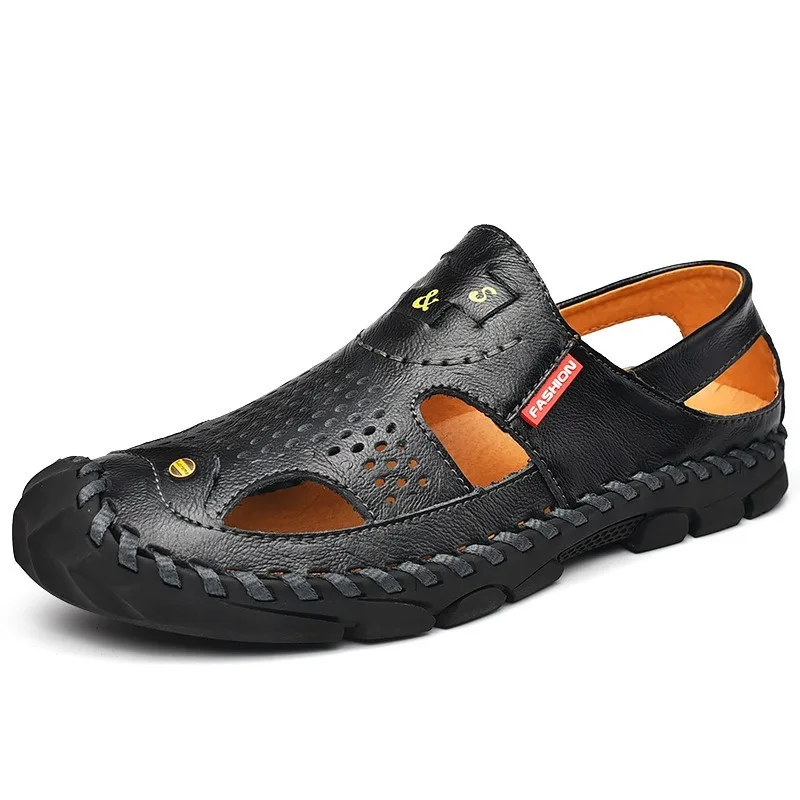 Men Genuine Leather Shoes Men's Sandals Durable Handmade Stitching Close Toe Non Slip Shoes For Indoor Outdoor Beach