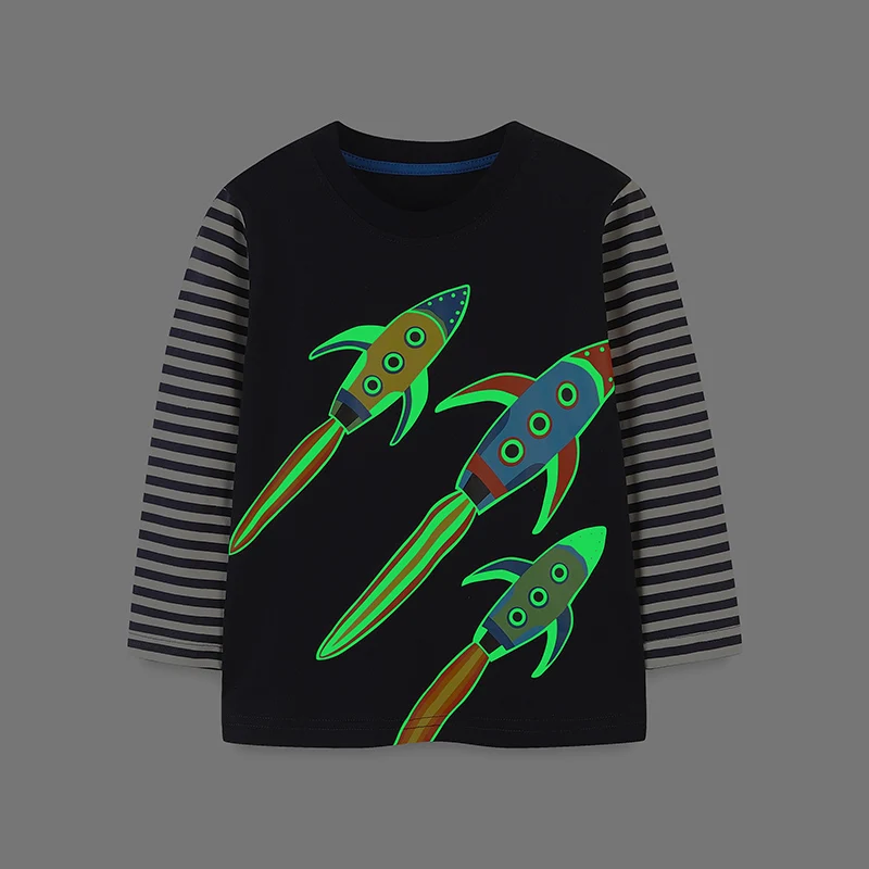 Luminous Children's Clothing 2025 Autum Rocket Long Sleeves Striped T-shirt Cotton Tops Baby Boys Kids Clothes