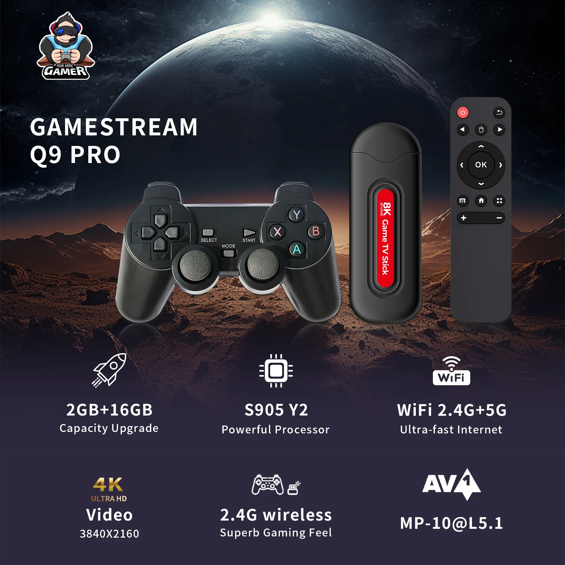 2025 NEW Q9 pro 5G android HDMI USB mini game stick 3D 4k ideo game 2.4G wireless two player supports 14 emulators 40000 games