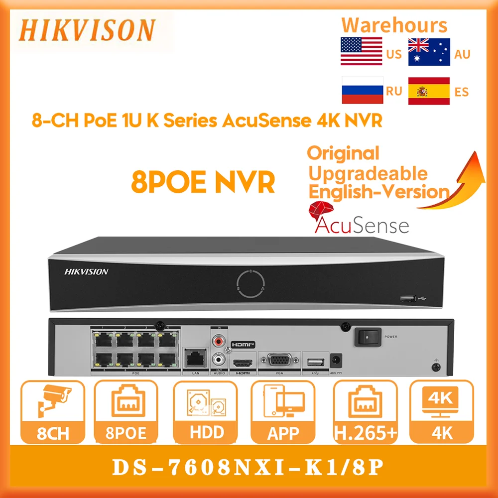 

Hikvision 1U 8CH 8 POE AcuSense 4K NVR DS-7608NXI-K1/8P Facial Recognition Smart Playback SATA CCTV Video Network Recorder