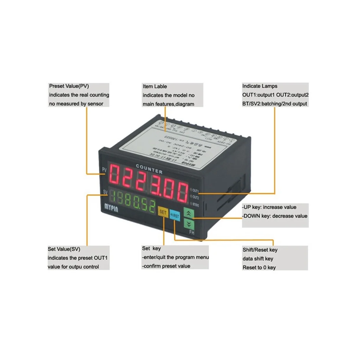 Mypin FH8-6CRRB Dual Display Digital Counter 6 Digits Light-Emitting Diode AC/DC Length Meter Black digital counter