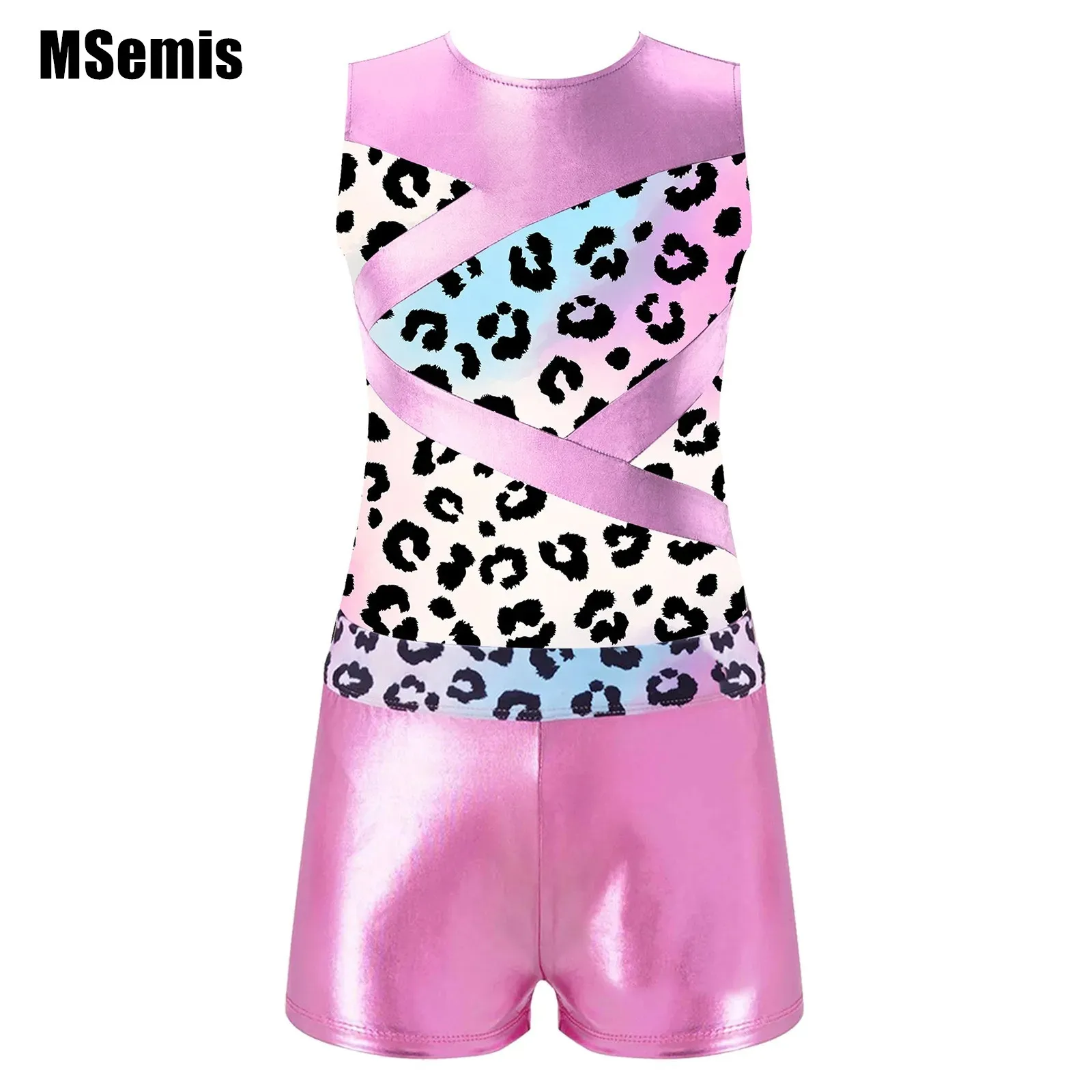 

Kids Girls Hollow Out Printed Patchwork Set Sleeveless Round Neck Leotard with Shorts for Dance Gymnastic Sports