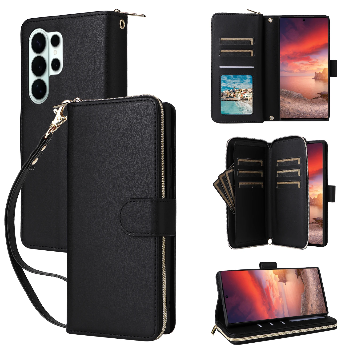 Deluxe Leather Flip Wallet Case with Long Lanyard and Cardholder