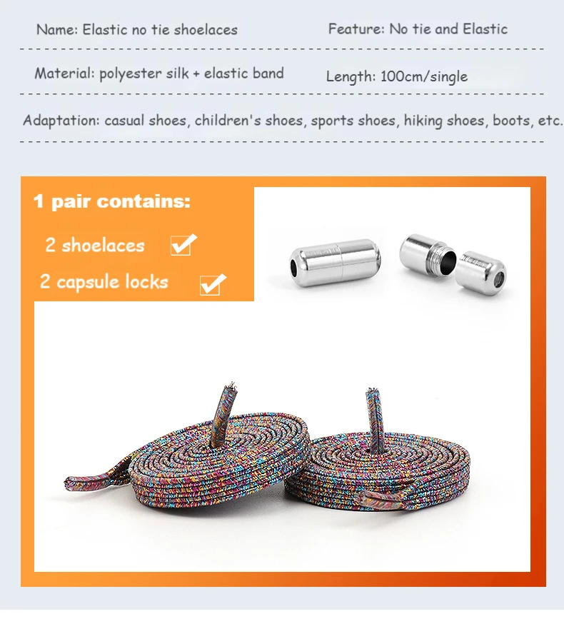 Regenbogen-elastische Schnürsenkel, Turnschuhe, bunte flache Bänder, Schnürsenkel ohne Krawatten, für Erwachsene und Kinder, Tennis, ohne Krawatte, Schnürsenkel, Schuhe, Zubehör – Detail 7